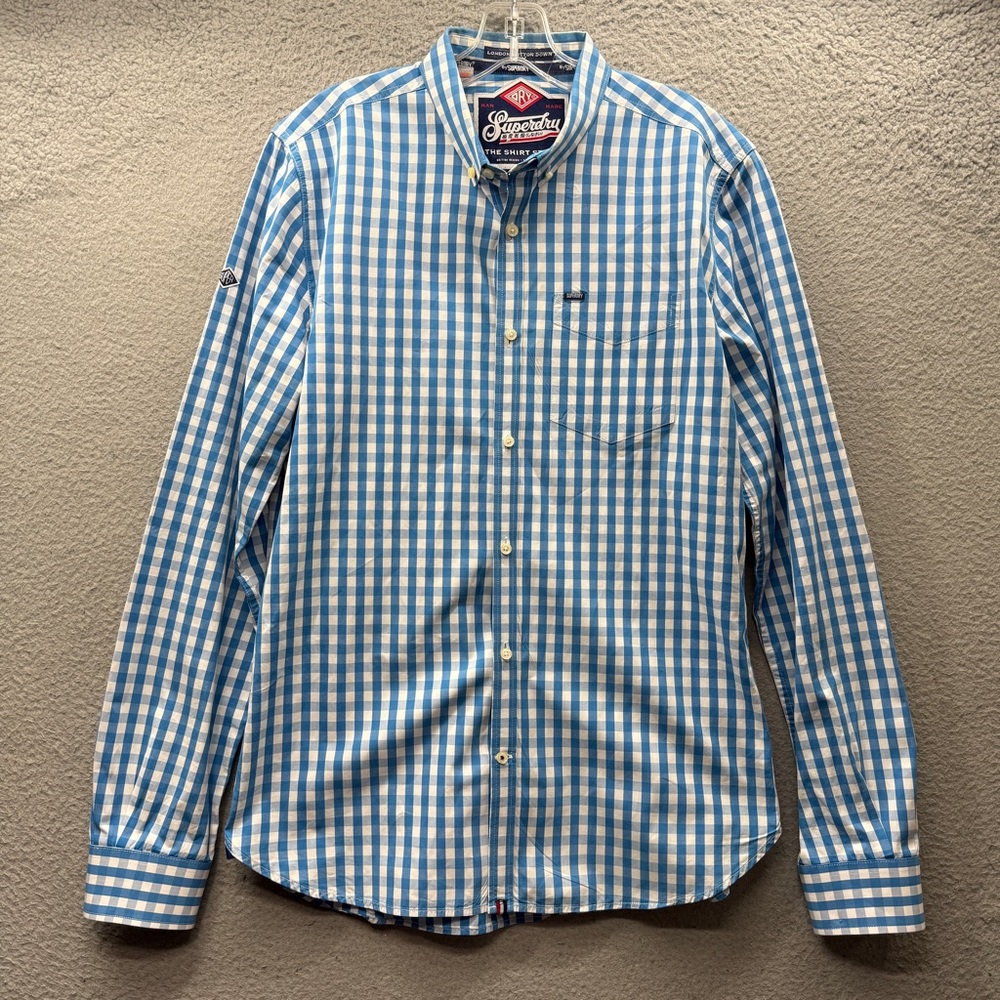 Superdry London Button Down Shirt Blue Smart Check Cotton Long Sleeve Men’s XL